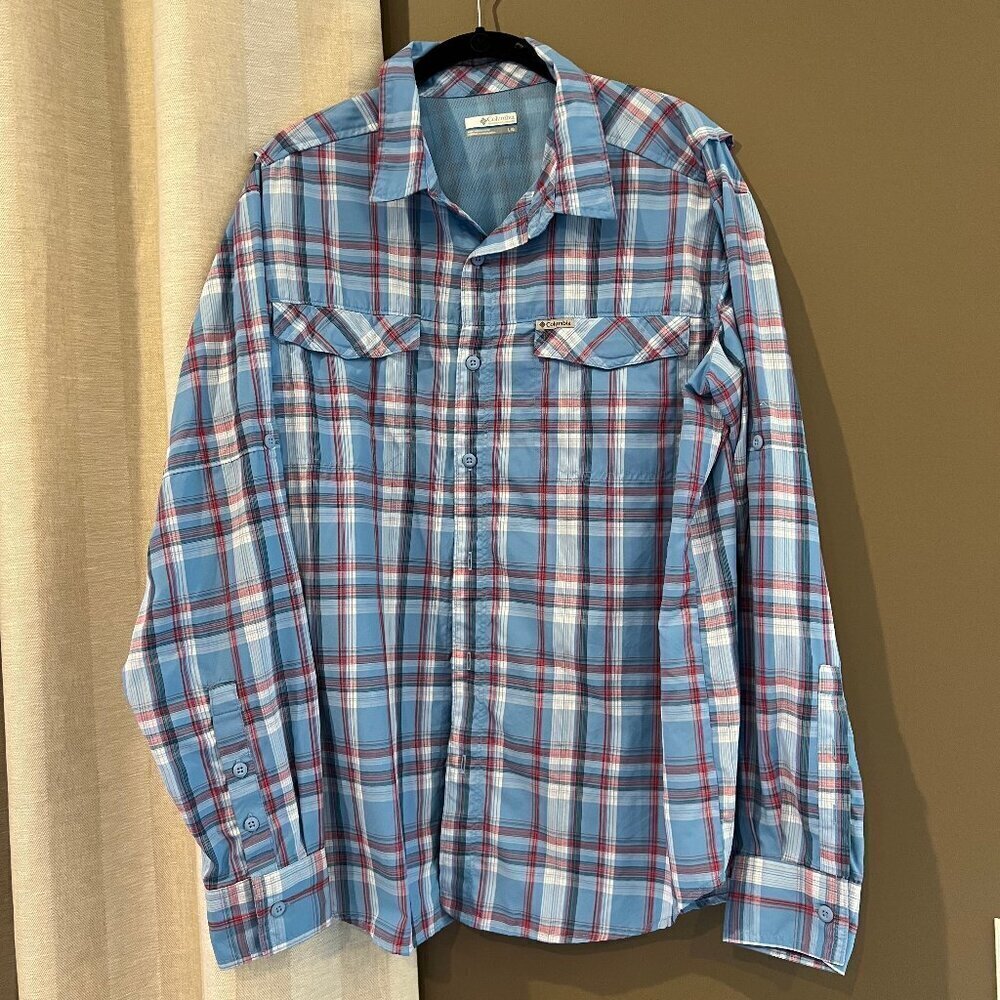 Men's Columbia Baby Blue Plaid Omni Shade Sun Protection, Size Large